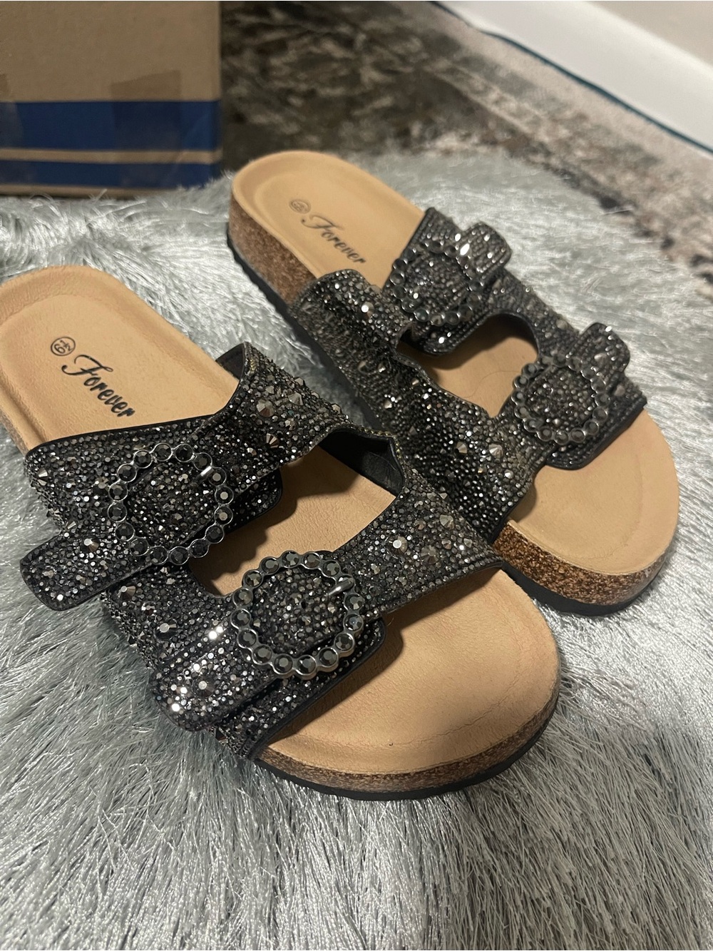 Forever 21 Black Glitter Double Buckle Mules